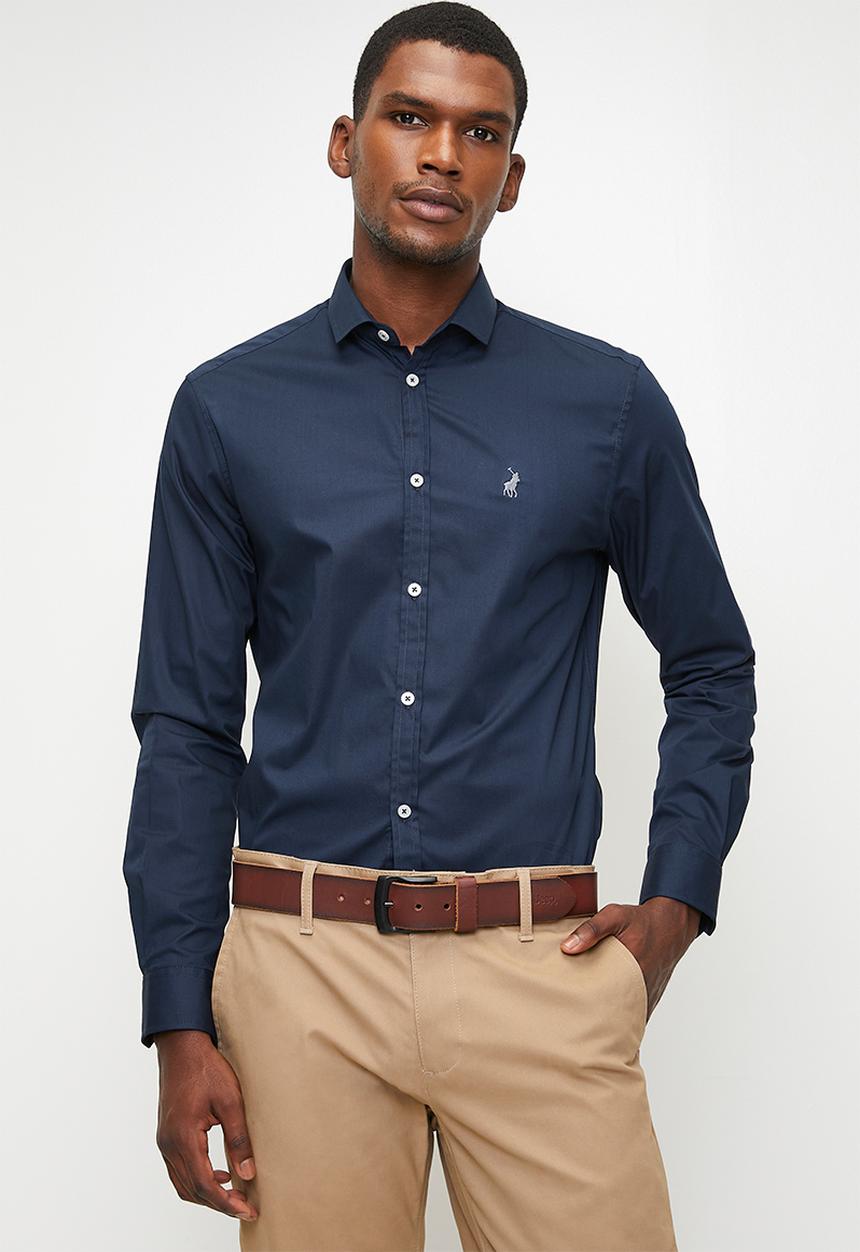 POLO - CHRISTIAN  ESSENTIAL SLIM FIT LS SHIRT - NAVY