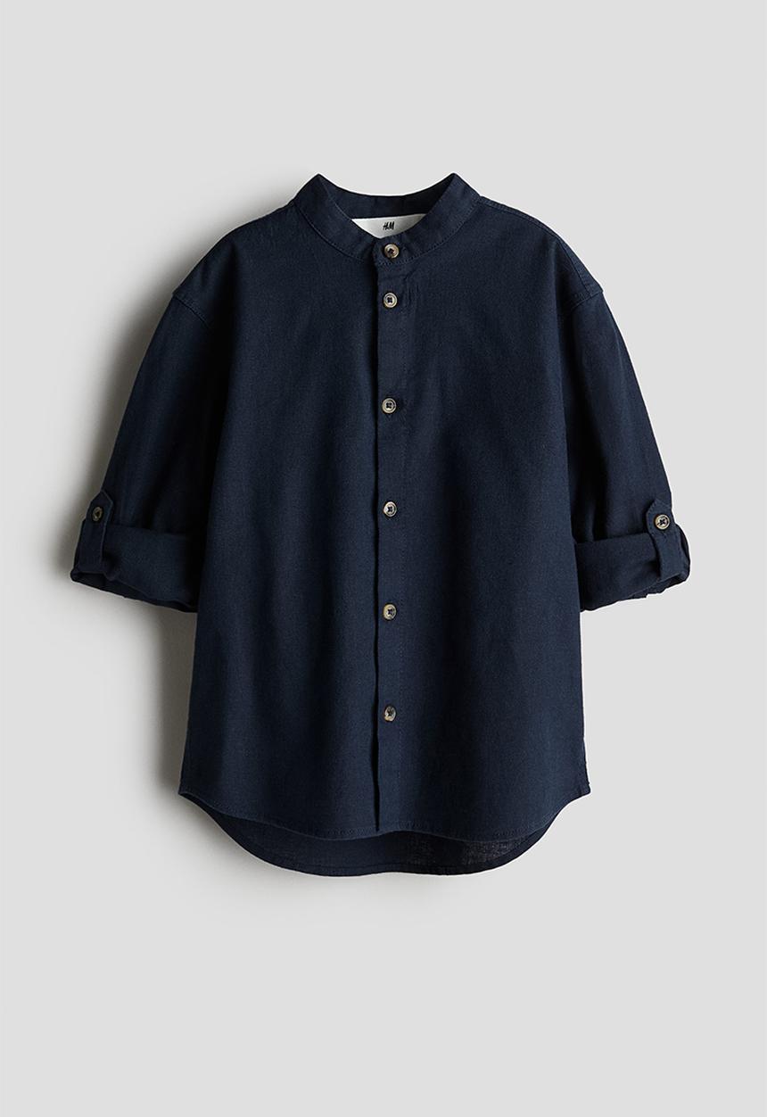 H&M - Linen-blend grandad shirt - navy blue