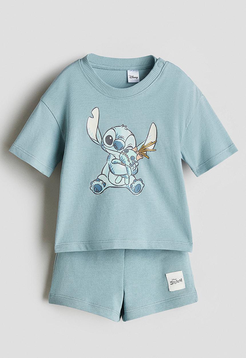 H&M - 2-piece cotton jersey set - turquoise/lilo & stitch