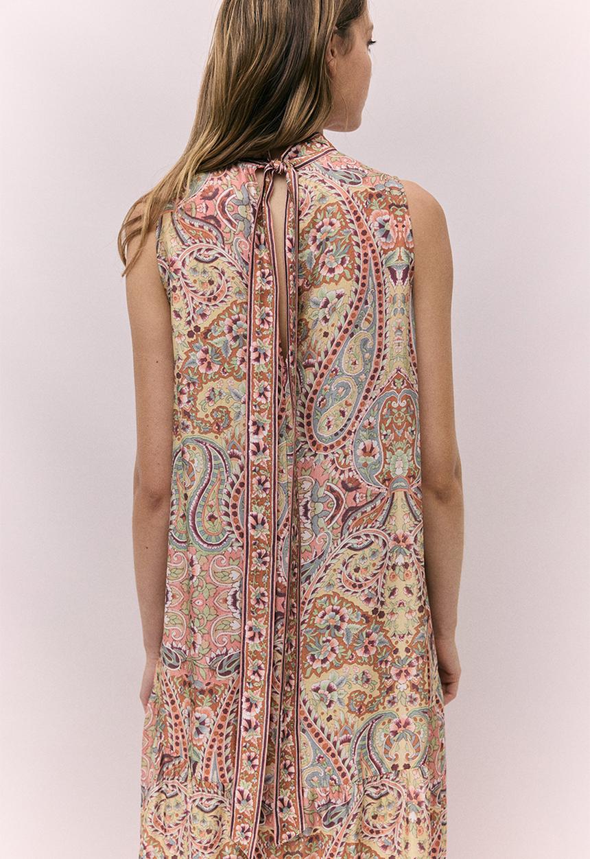 H&M - A-line tie-neck dress - orange/paisley pattern