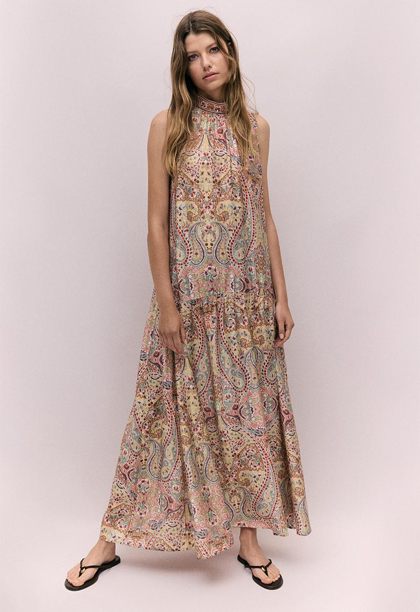 H&M - A-line tie-neck dress - orange/paisley pattern