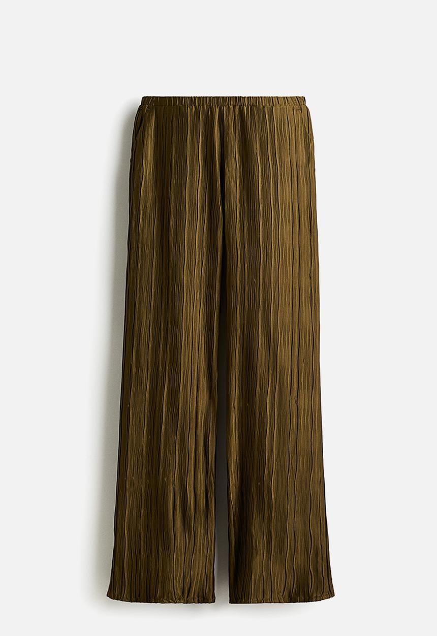 H&M - Crinkled pull-on trousers - dark khaki green