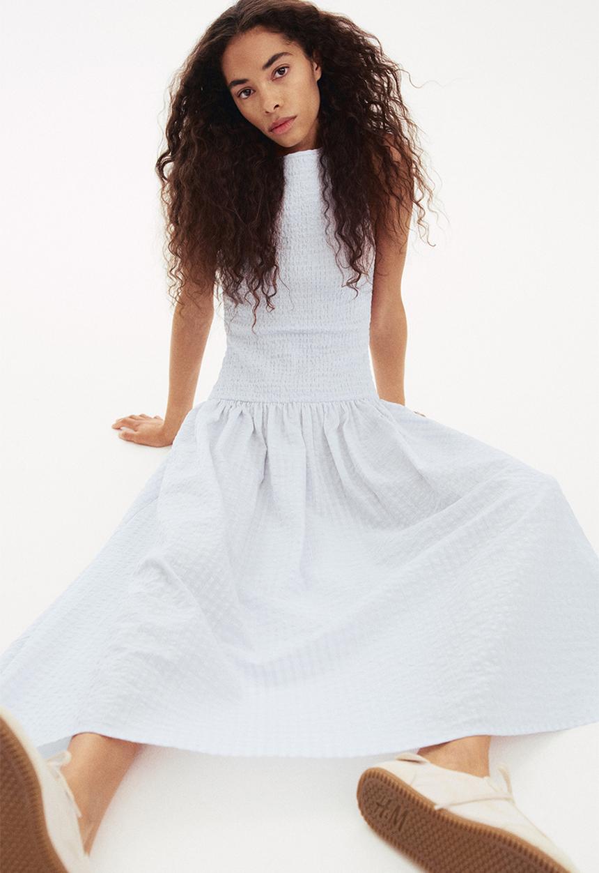H&M - Smocked seersucker dress - light blue checked 