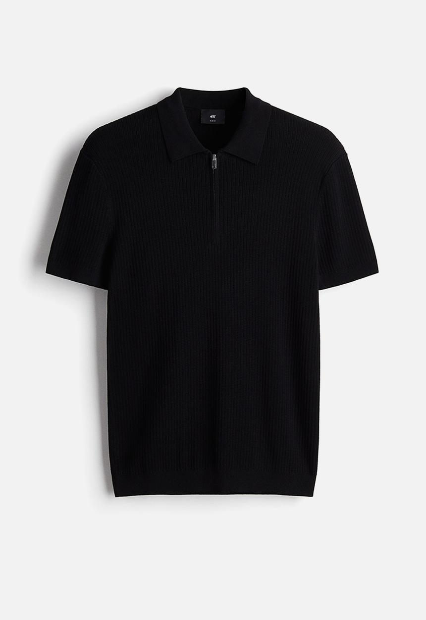 H&M - Slim fit zip-top polo shirt - black