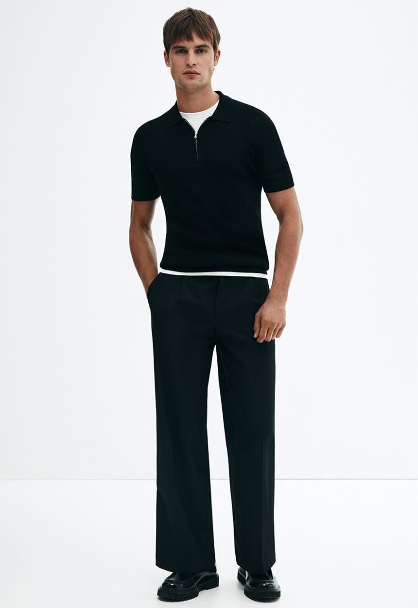 H&M - Slim fit zip-top polo shirt - black