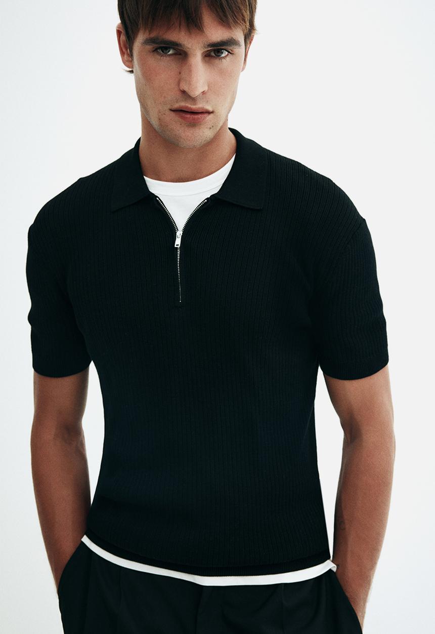 H&M - Slim fit zip-top polo shirt - black