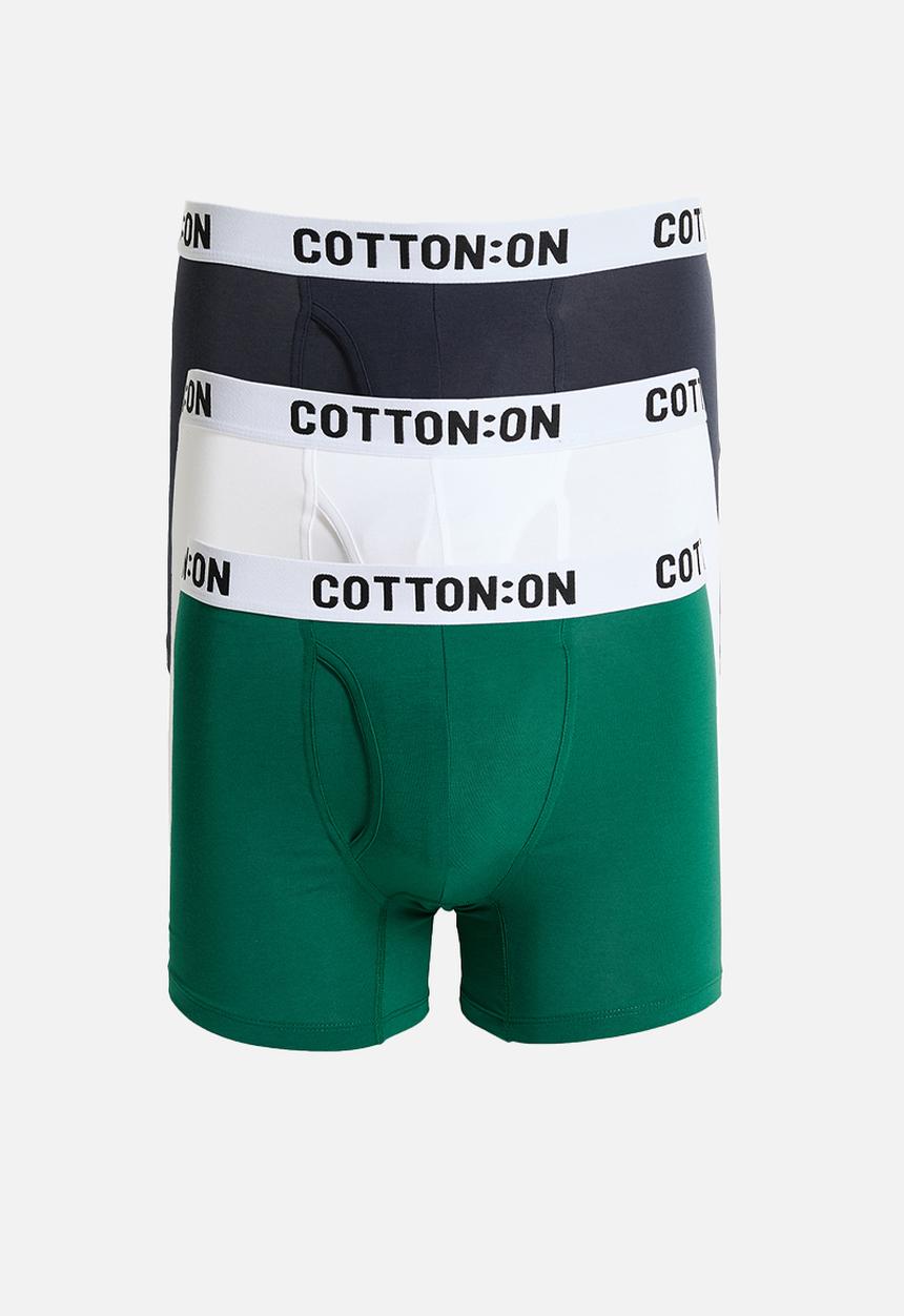 Cotton On - Mens Organic Cotton Trunks- 3 Pack - White/Navy/Emerald