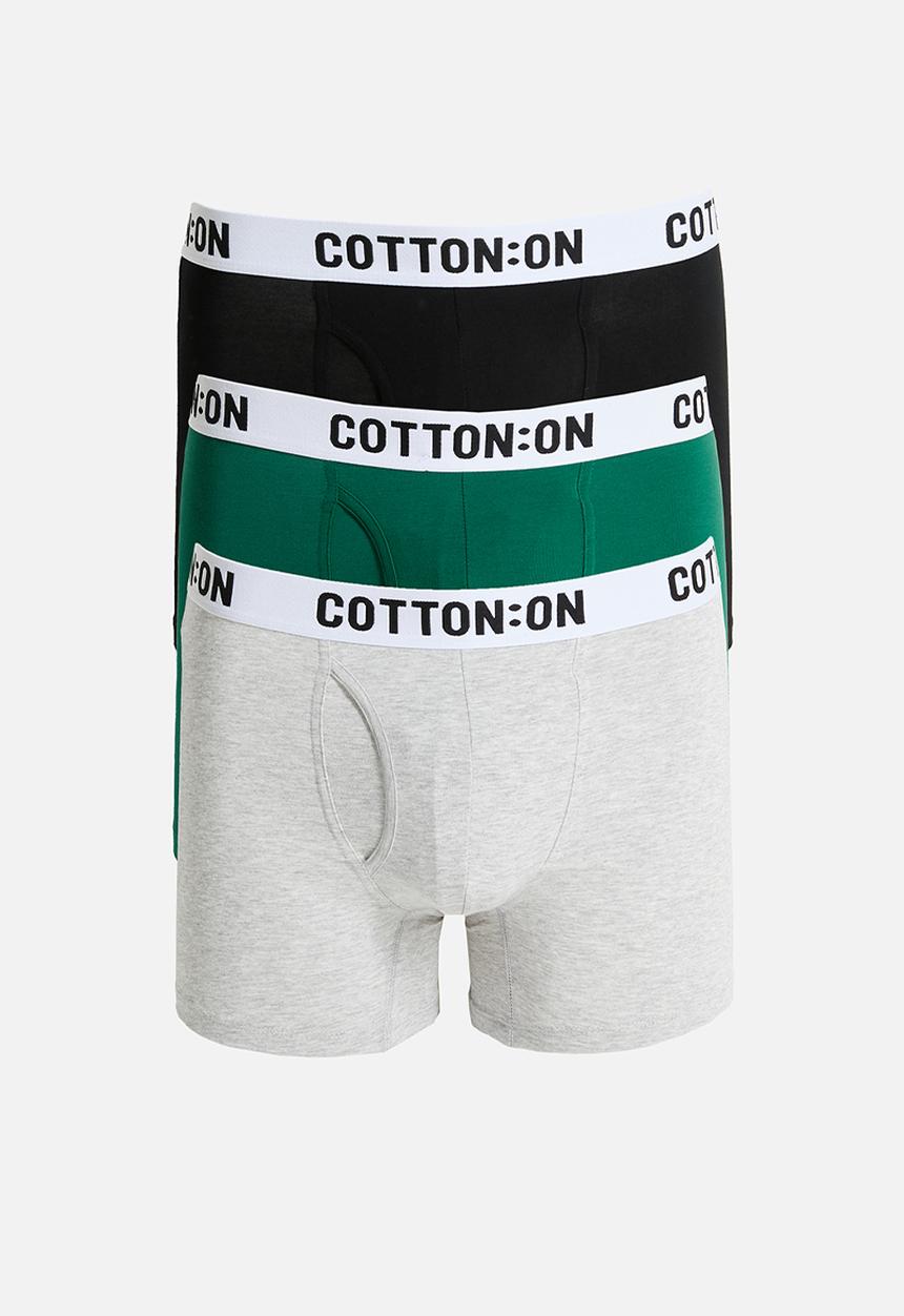 Cotton On - Mens Organic Cotton Trunks- 3 Pack - Black/Light Grey Marle/Emerald