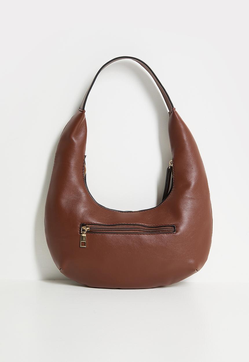 boohoo - Half Moon Studded Leather Look Shoulder Bag - Chocolate