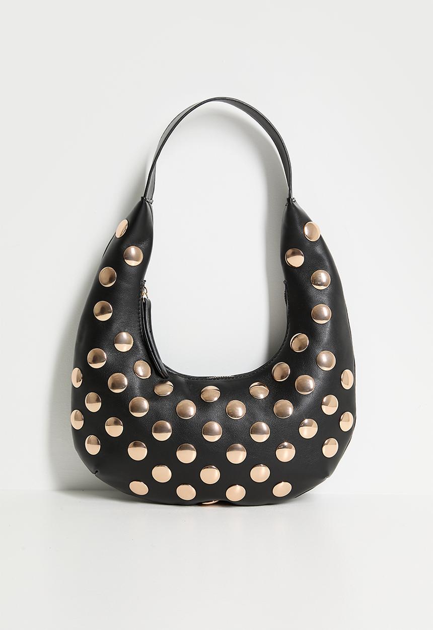 boohoo - Half Moon Studded Leather Look Shoulder Bag - black