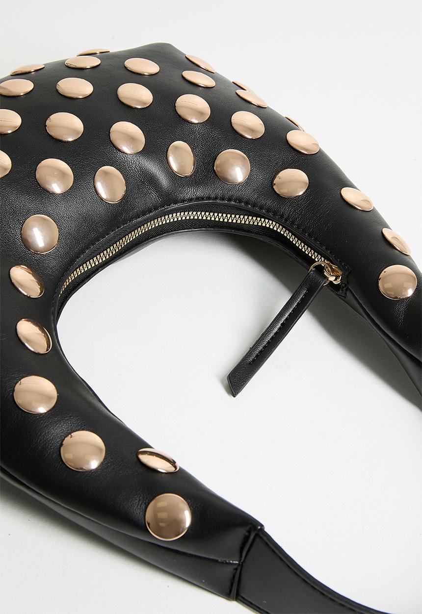 boohoo - Half Moon Studded Leather Look Shoulder Bag - black