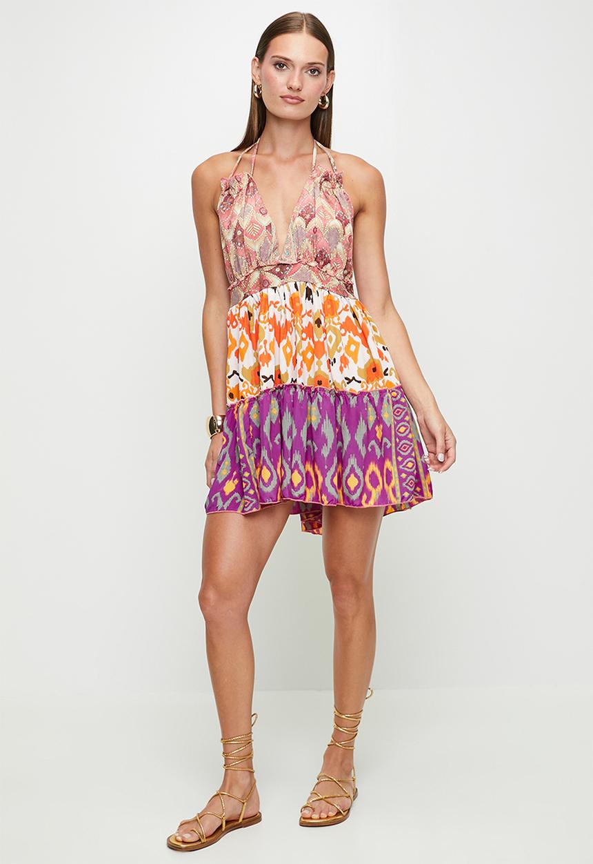 MANDI - Upcycled Babydoll Mini Dress One Off Print Cuts - Multi