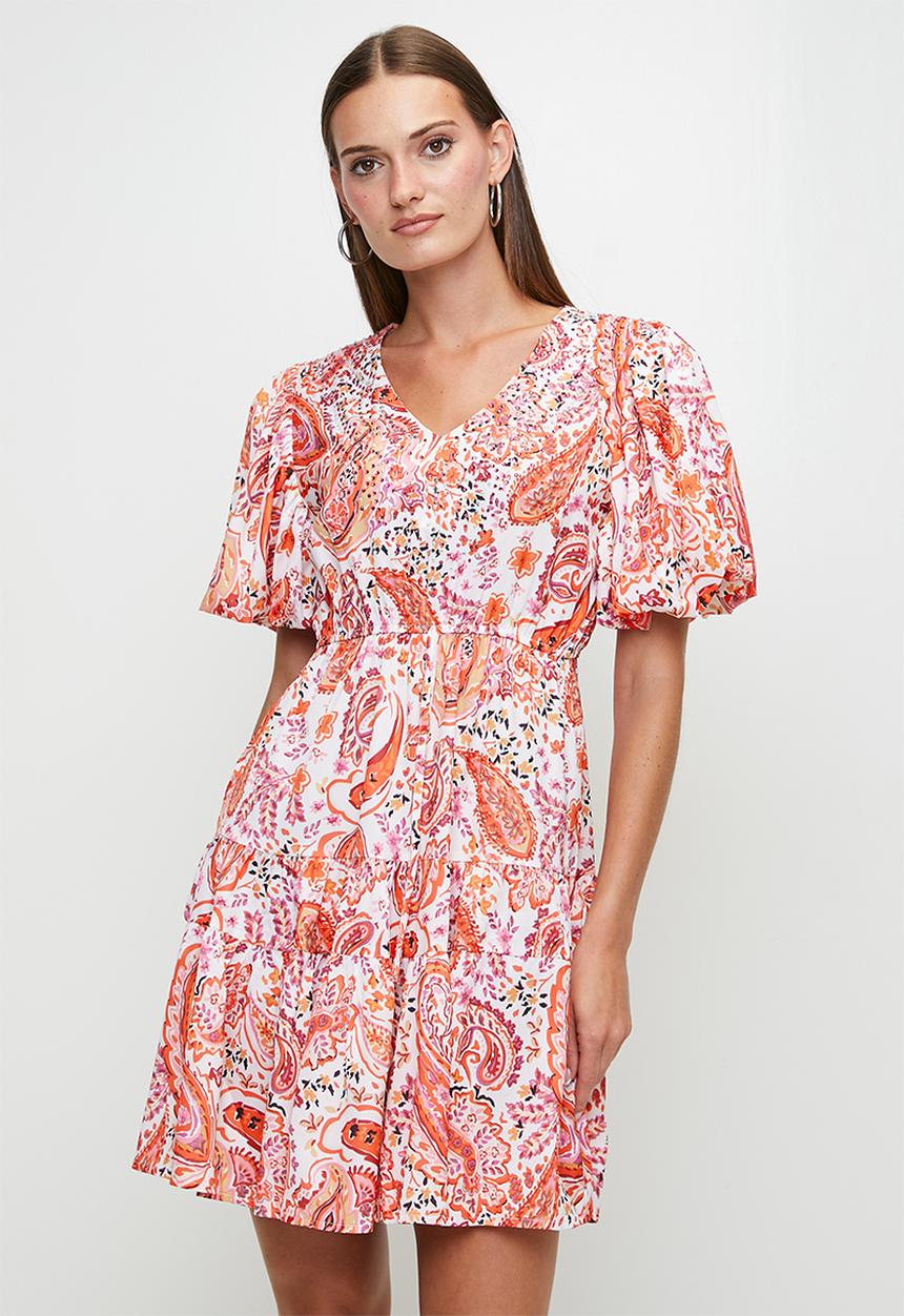 Izabel London - V-Neck Puff S/Slve Midi Dress With Embellishment - Multi Orange