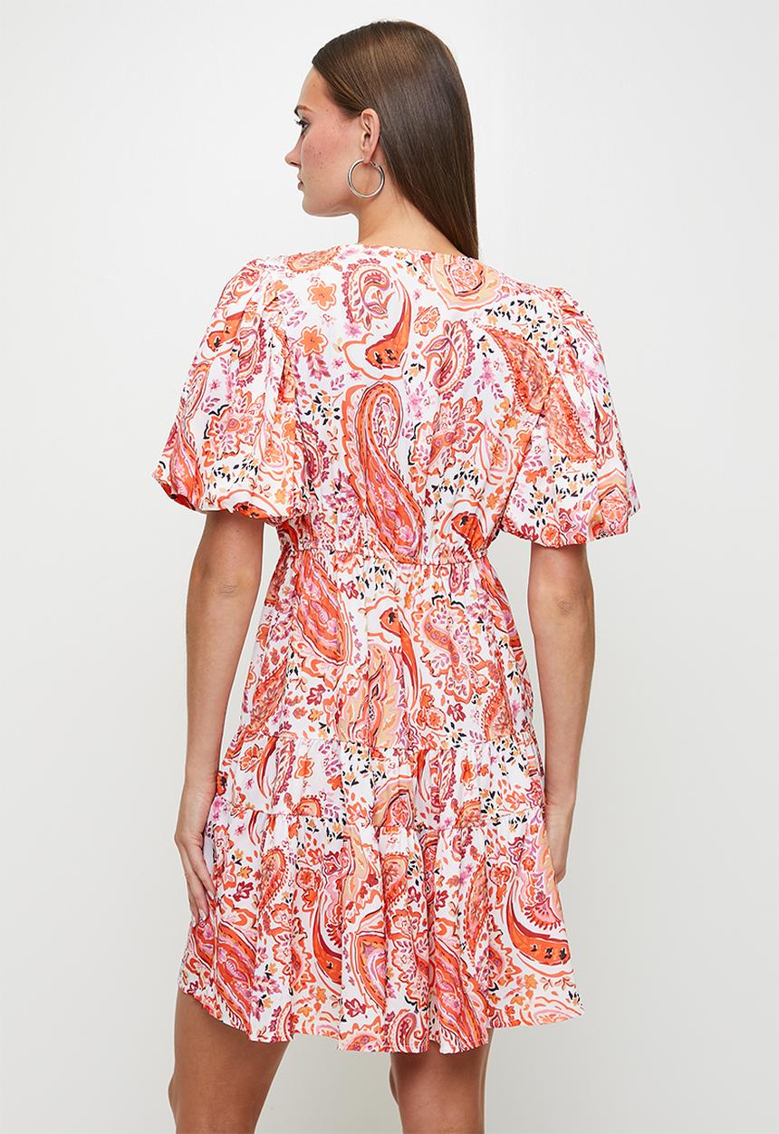 Izabel London - V-Neck Puff S/Slve Midi Dress With Embellishment - Multi Orange