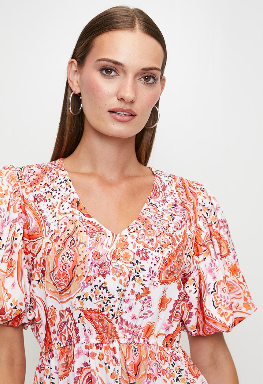 Izabel London - V-Neck Puff S/Slve Midi Dress With Embellishment - Multi Orange