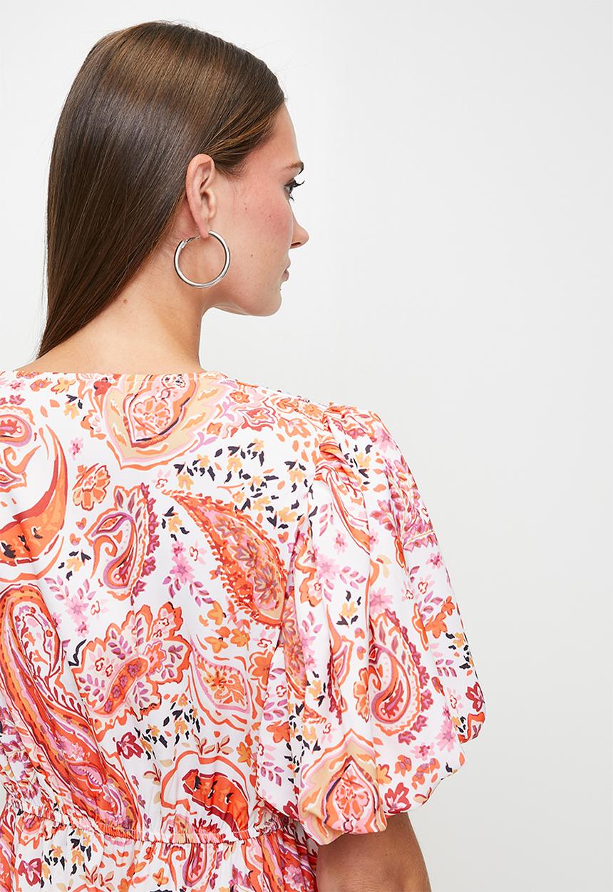 Izabel London - V-Neck Puff S/Slve Midi Dress With Embellishment - Multi Orange
