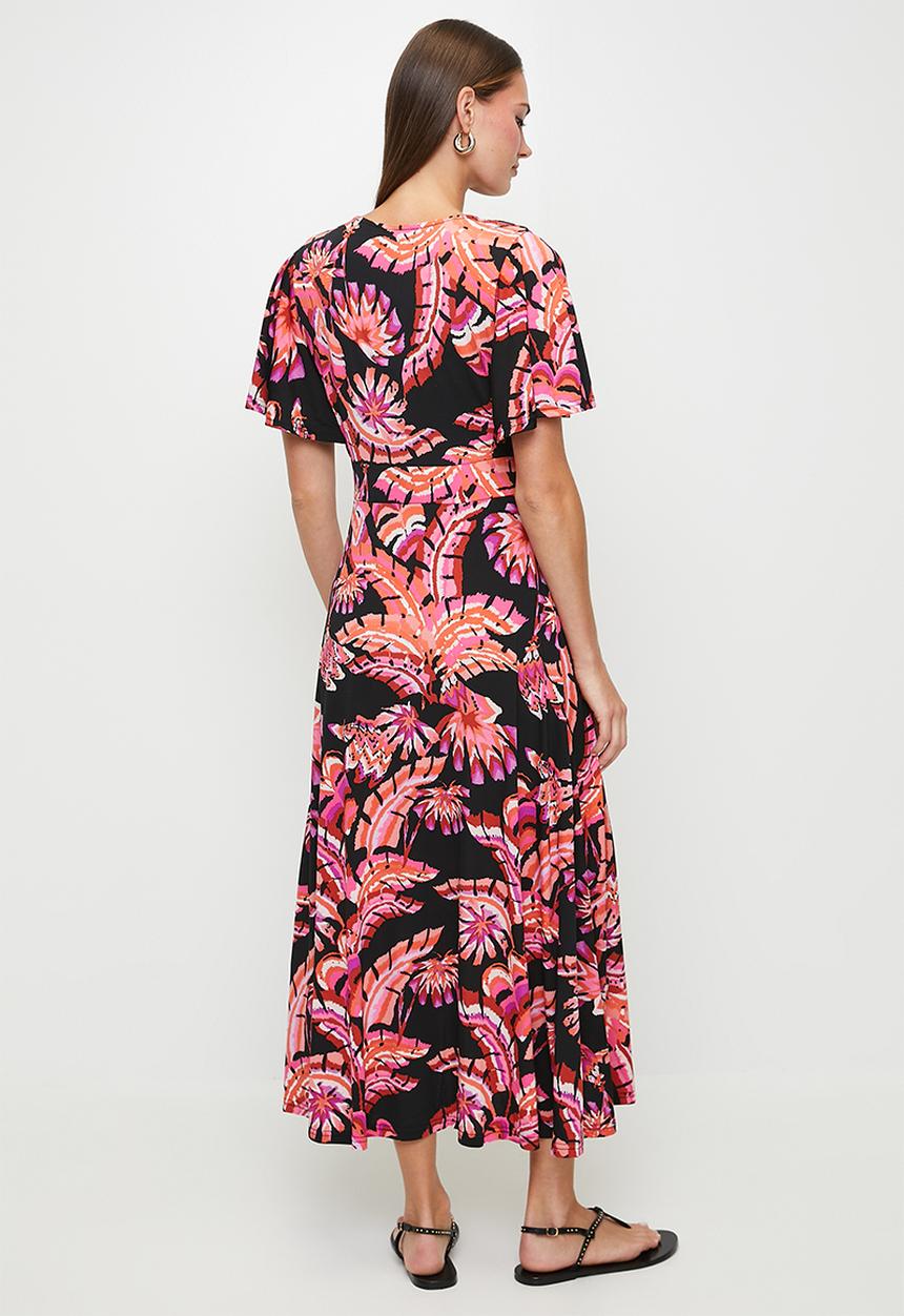 Izabel London - S/Slve Flutter V-Neck Crossover Wrap Maxi Dress - Multi Black