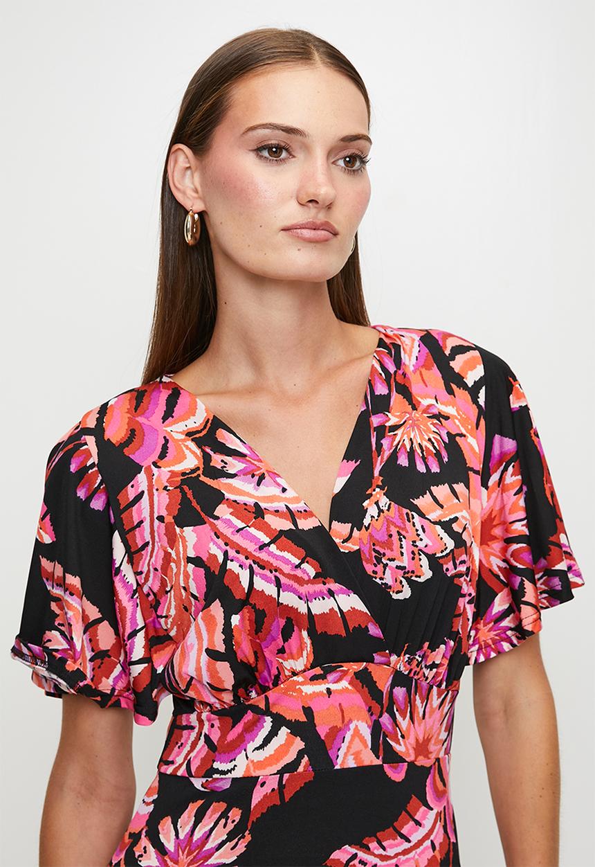 Izabel London - S/Slve Flutter V-Neck Crossover Wrap Maxi Dress - Multi Black