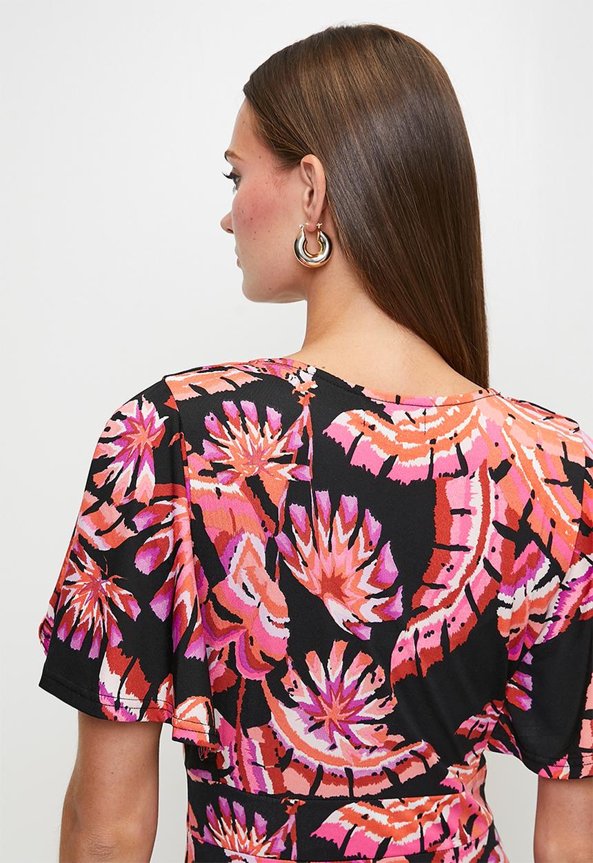 Izabel London - S/Slve Flutter V-Neck Crossover Wrap Maxi Dress - Multi Black