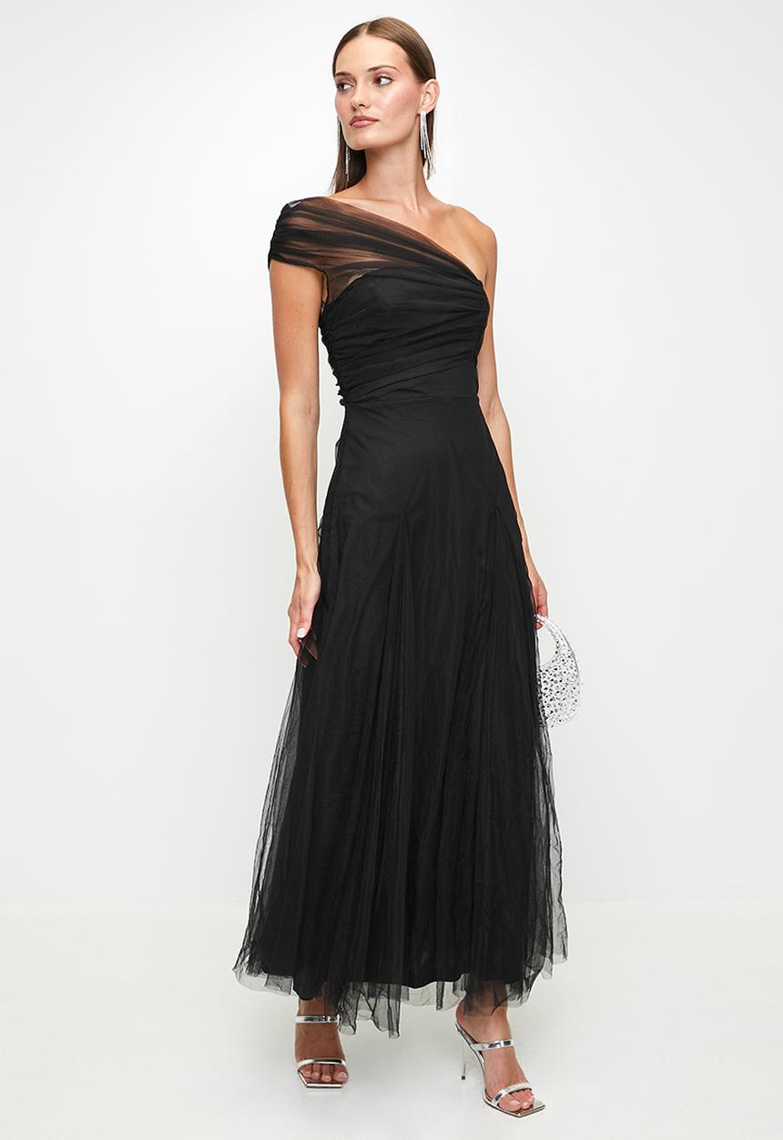 Black mesh one shoulder dress - black