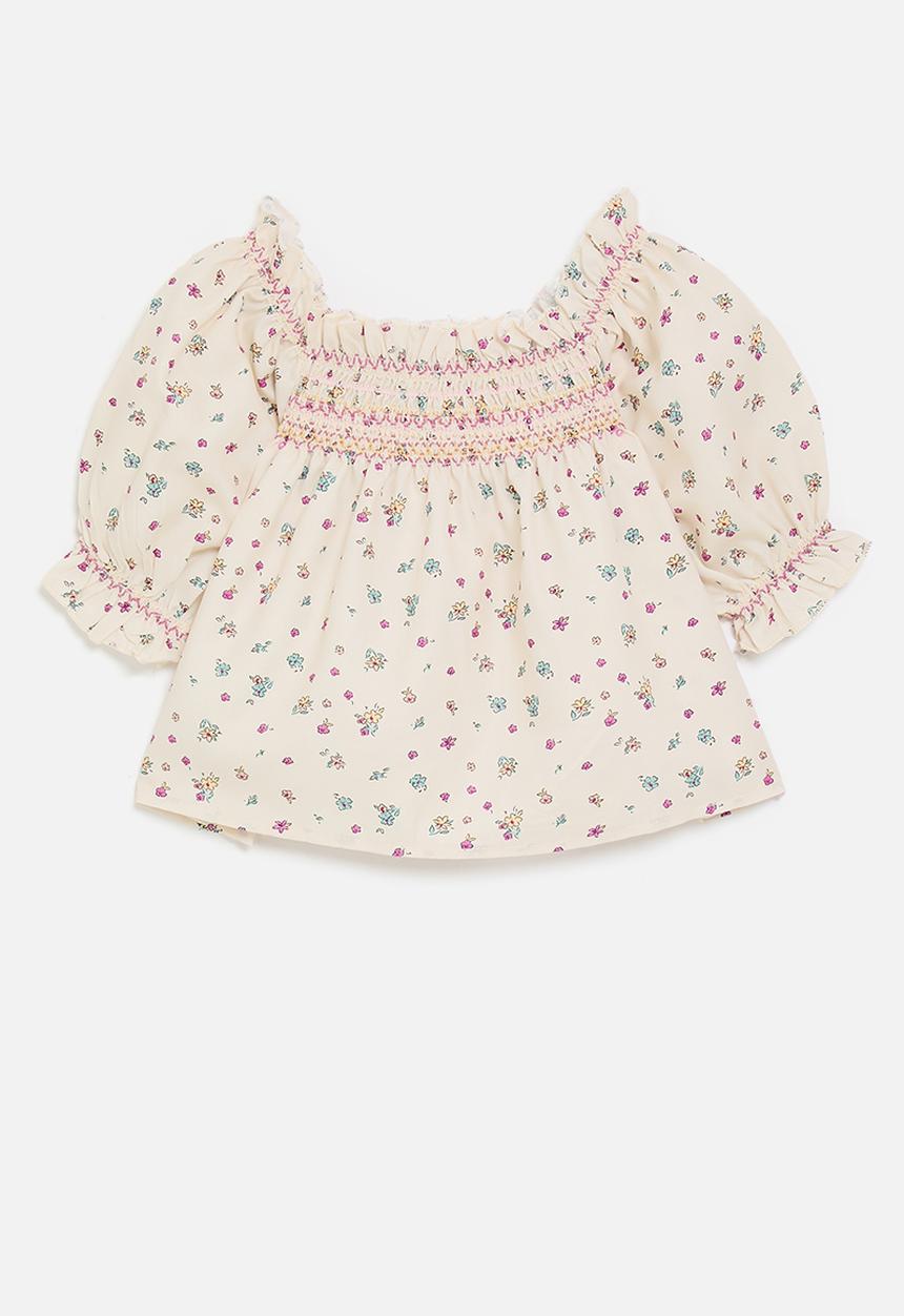 Pop Candy - Floral multi smocked blouse - seashell white