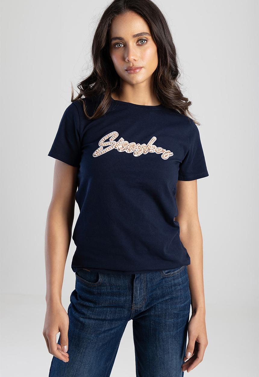 SISSY BOY - Love and Be Loved: Regular Fit Sequin And Pearl Logo Top - Blue
