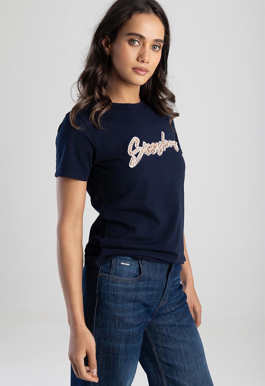 SISSY BOY - Love and Be Loved: Regular Fit Sequin And Pearl Logo Top - Blue