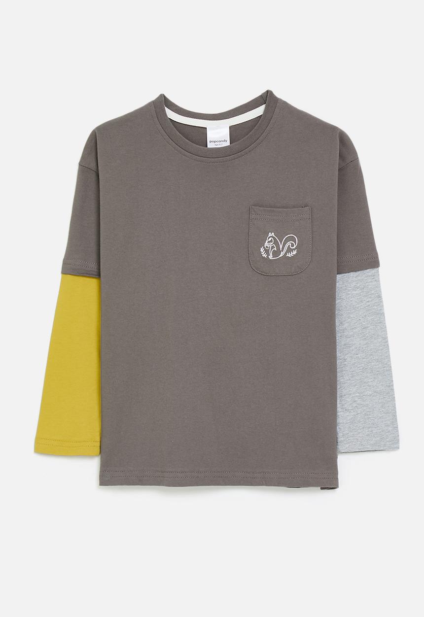 Pop Candy - Contrast sleeve twofer tee with pocket squirrel - grey brown