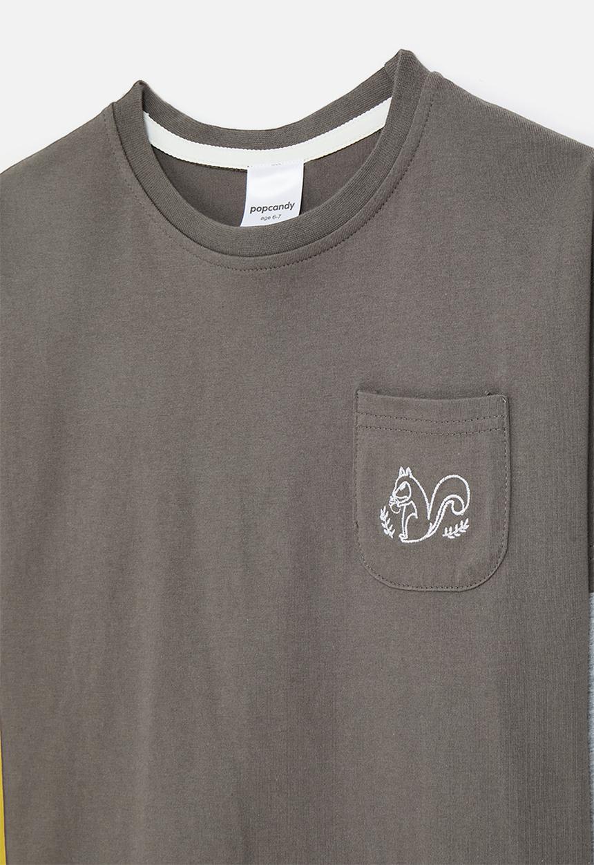 Pop Candy - Contrast sleeve twofer tee with pocket squirrel - grey brown