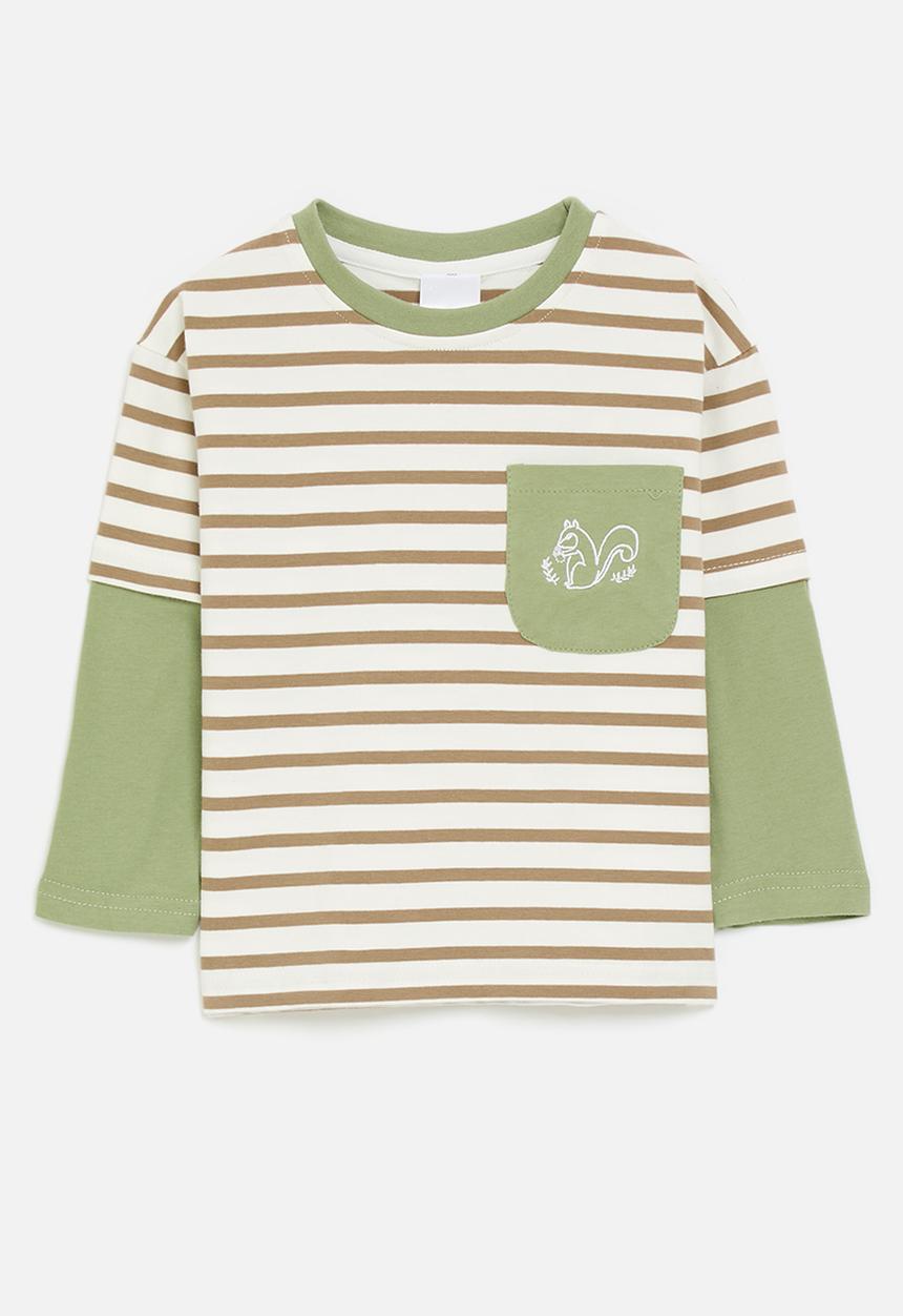 Pop Candy - Twofer tee with pocket squirrel - green/light brown stripe