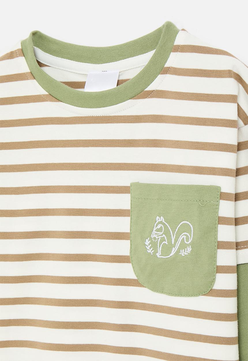 Pop Candy - Twofer tee with pocket squirrel - green/light brown stripe