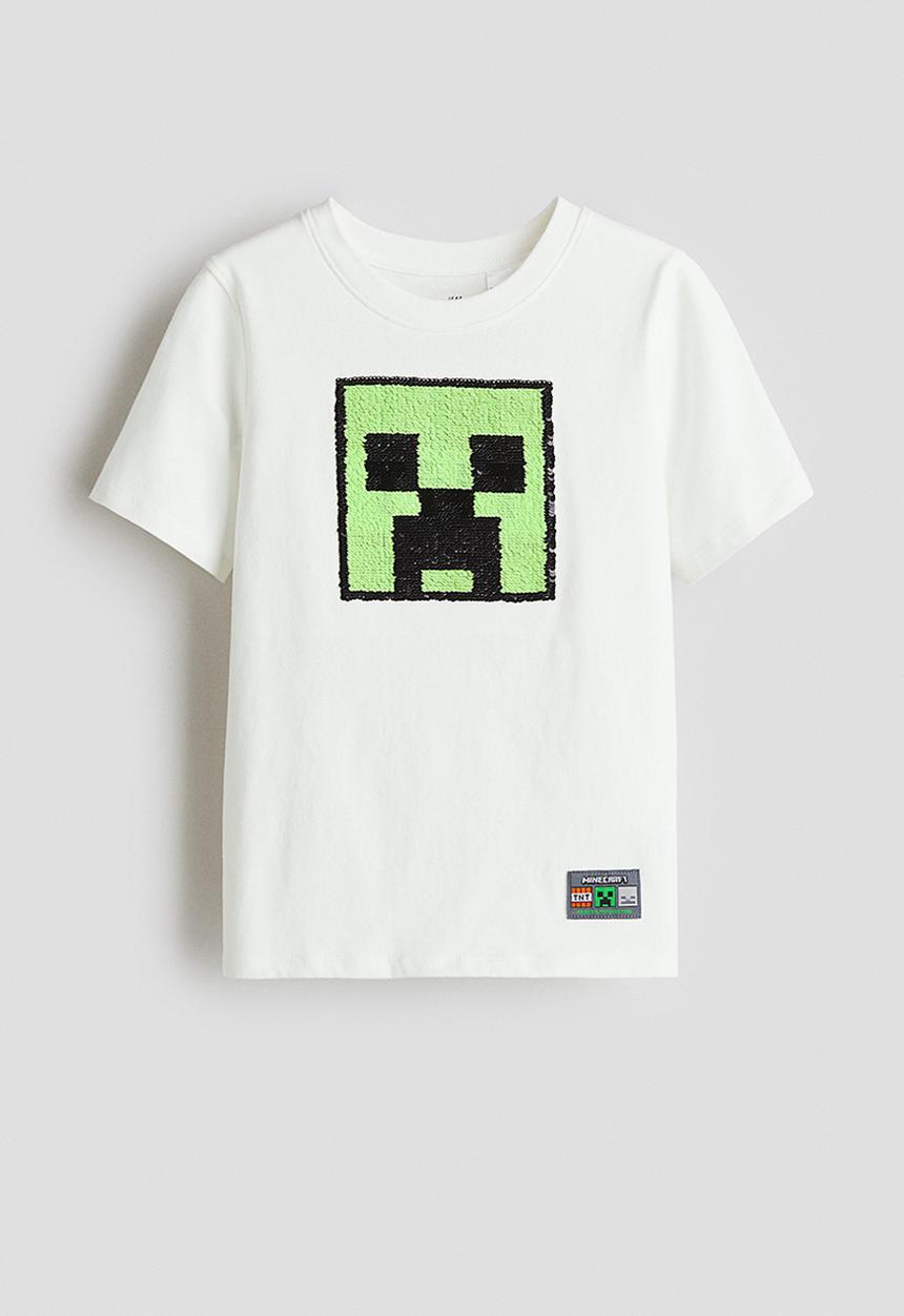 H&M - Reversible sequin t-shirt - white & minecraft