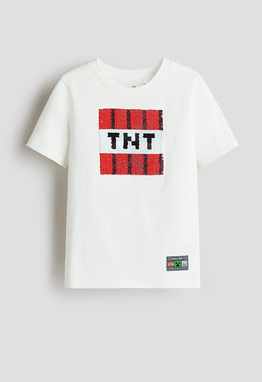 H&M - Reversible sequin t-shirt - white & minecraft