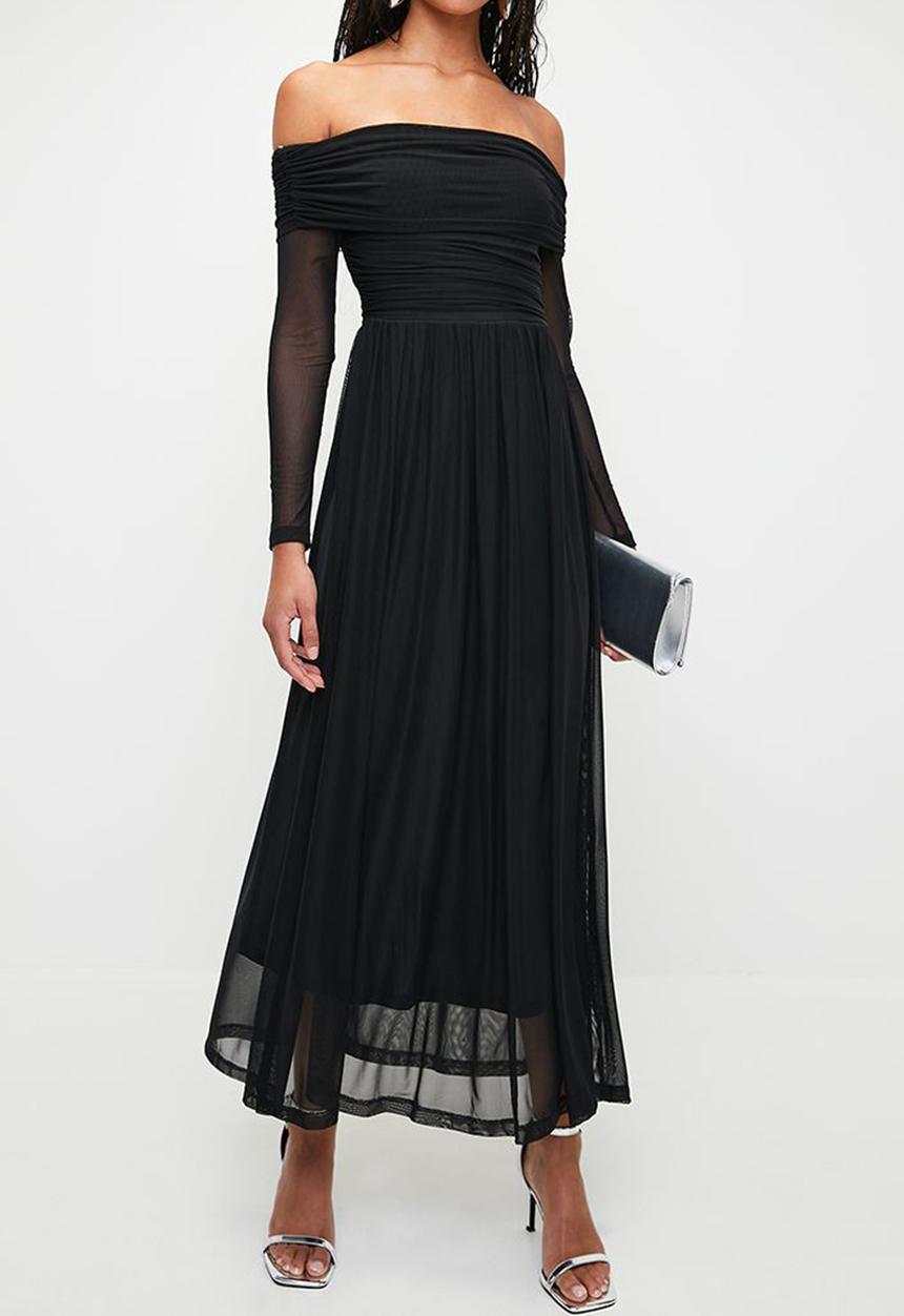MILLA - Bardot mesh fit & flare maxi dress - Black