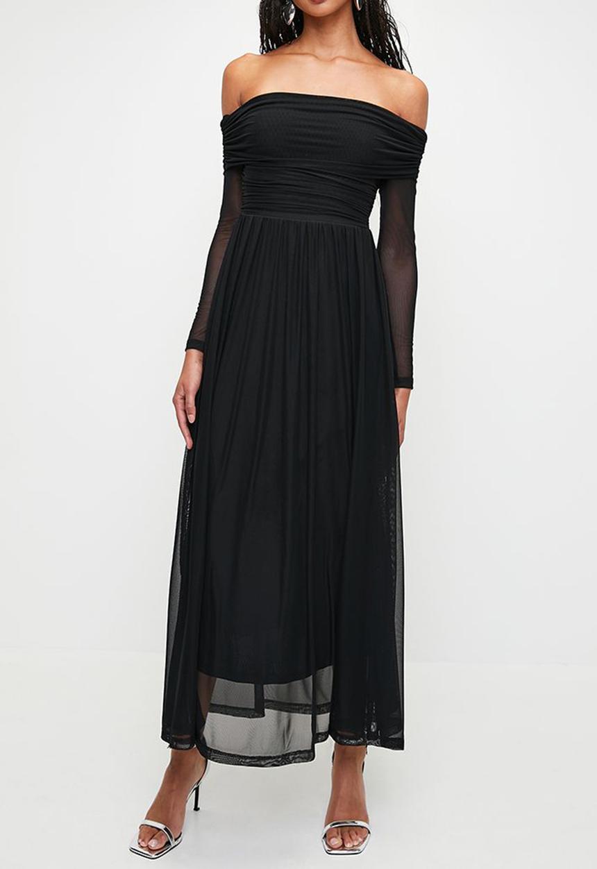 MILLA - Bardot mesh fit & flare maxi dress - Black