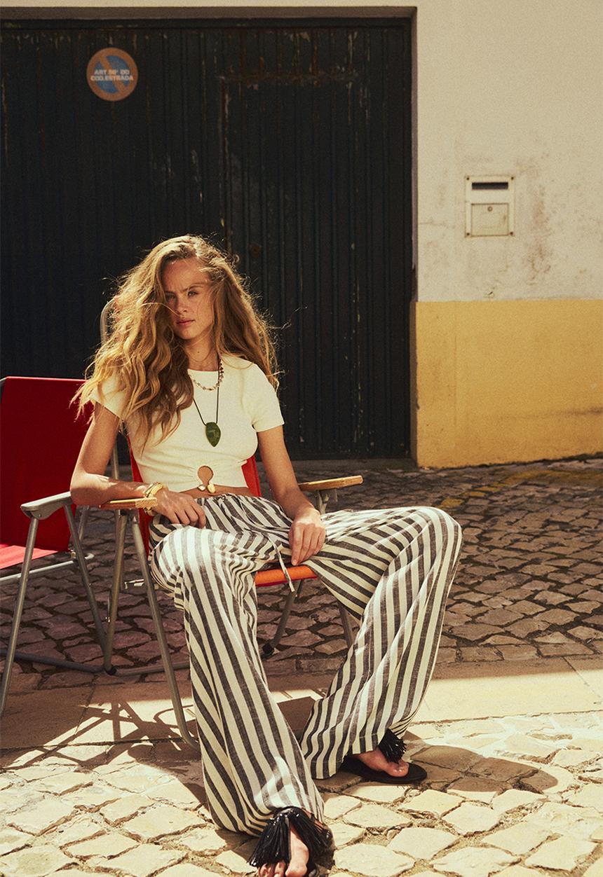 H&M - Linen-blend drawstring trousers - grey/striped