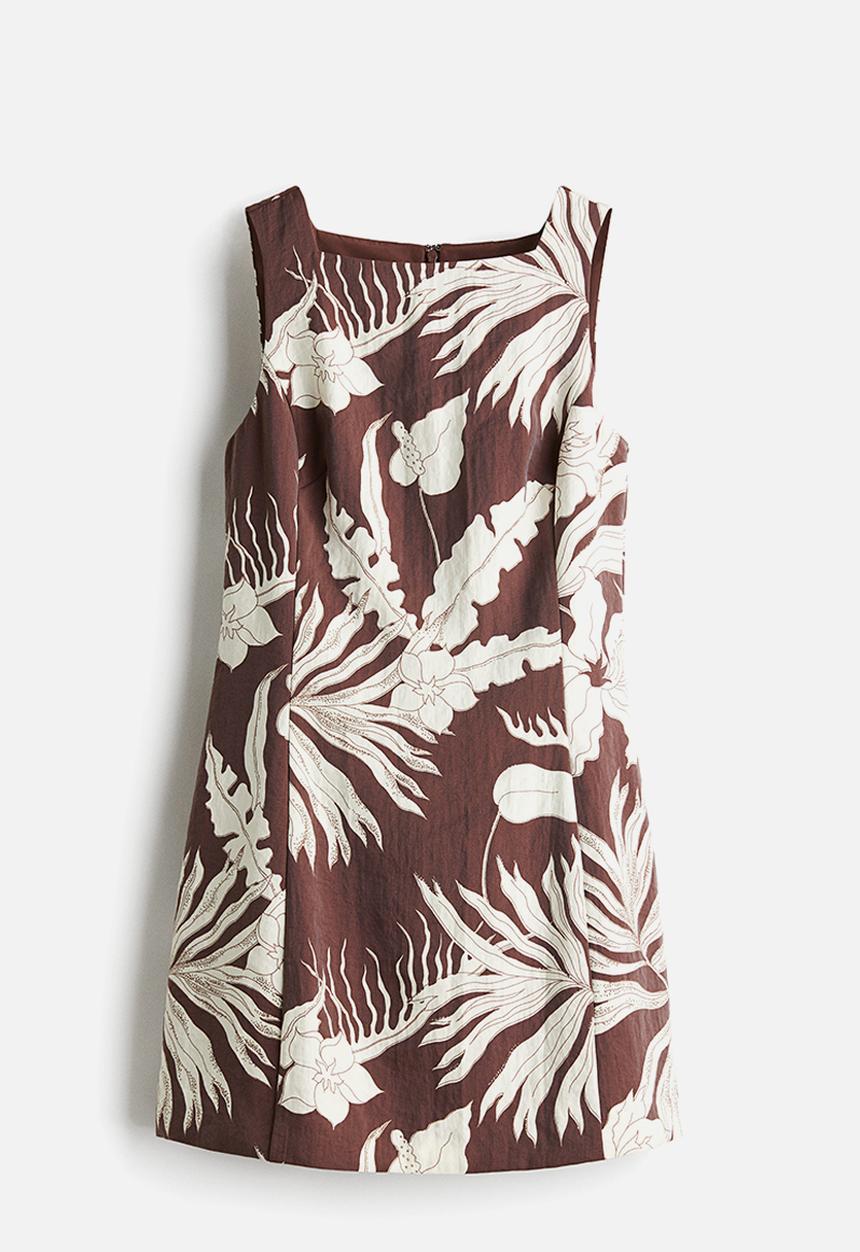 H&M - Square-neck twill dress - dark brown/floral