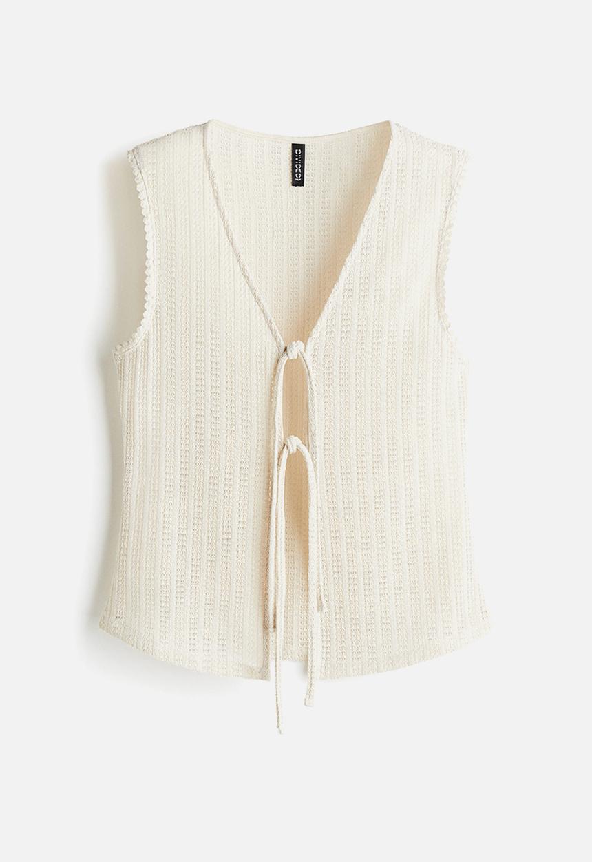 H&M - Knitted tie-front top - cream 