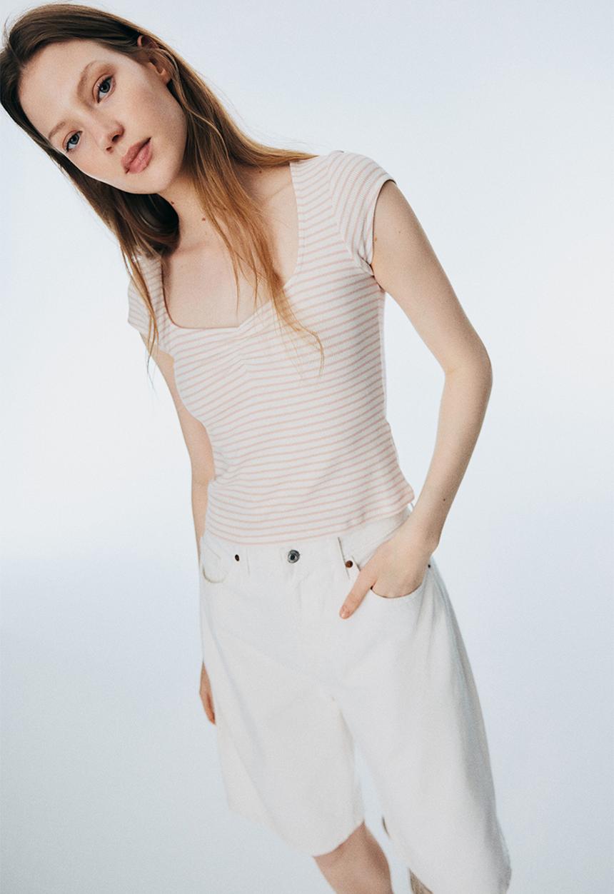H&M - Ribbed t-shirt - peach pink striped