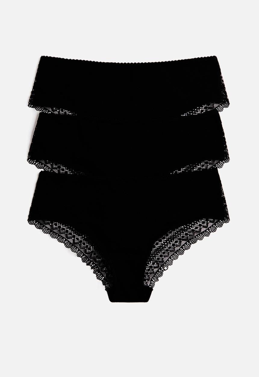 H&M - 3 pack cotton and lace hipster briefs - black