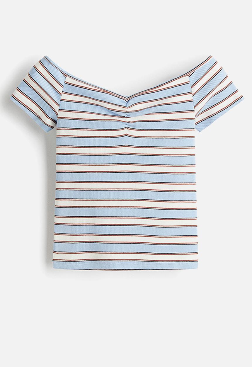 H&M - Ribbed boat-neck top - light blue striped