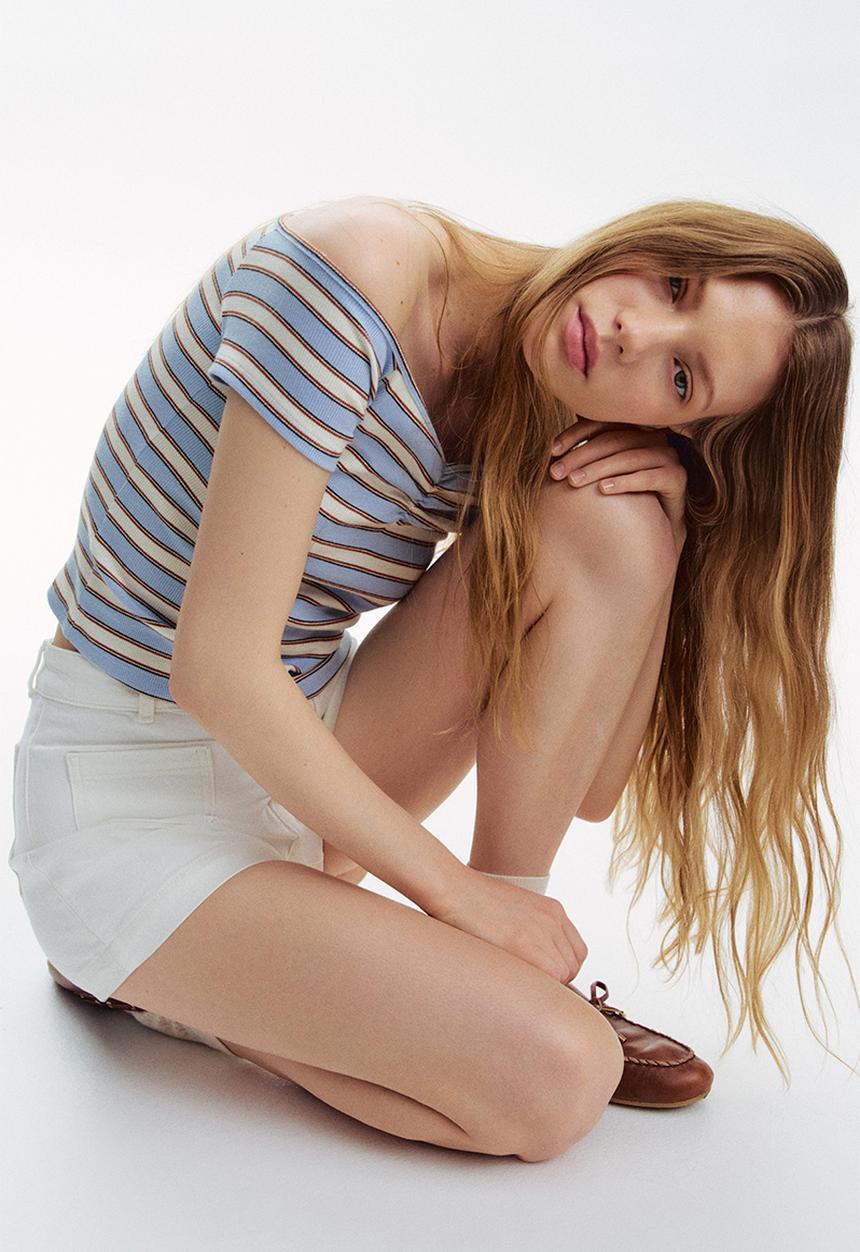 H&M - Ribbed boat-neck top - light blue striped