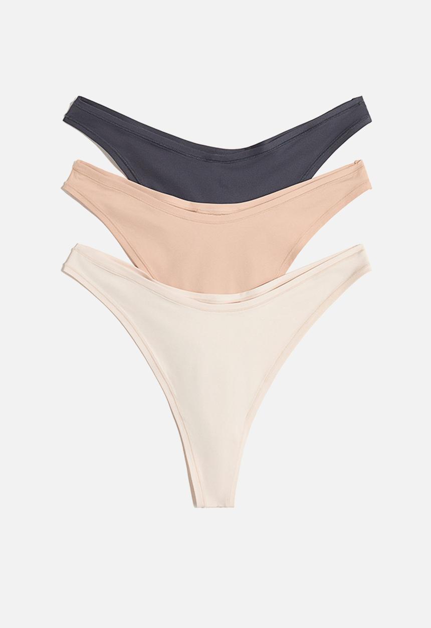 H&M - 3 pack microfibre thong briefs - dark grey & beige