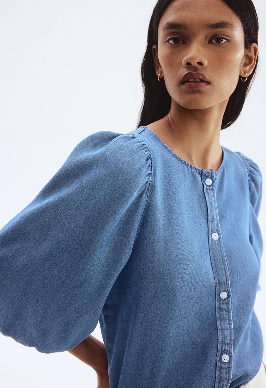 H&M - Balloon-sleeved denim blouse - denim blue