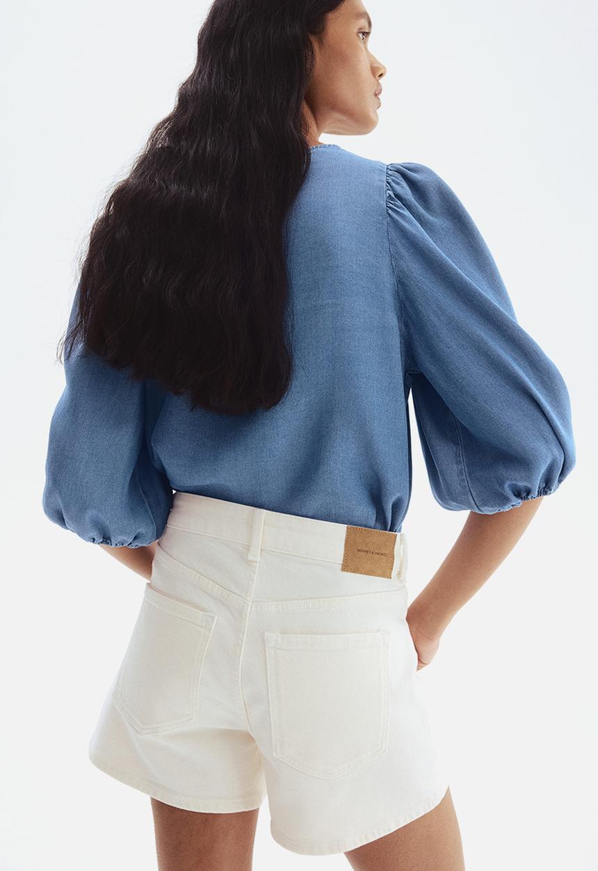 H&M - Balloon-sleeved denim blouse - denim blue