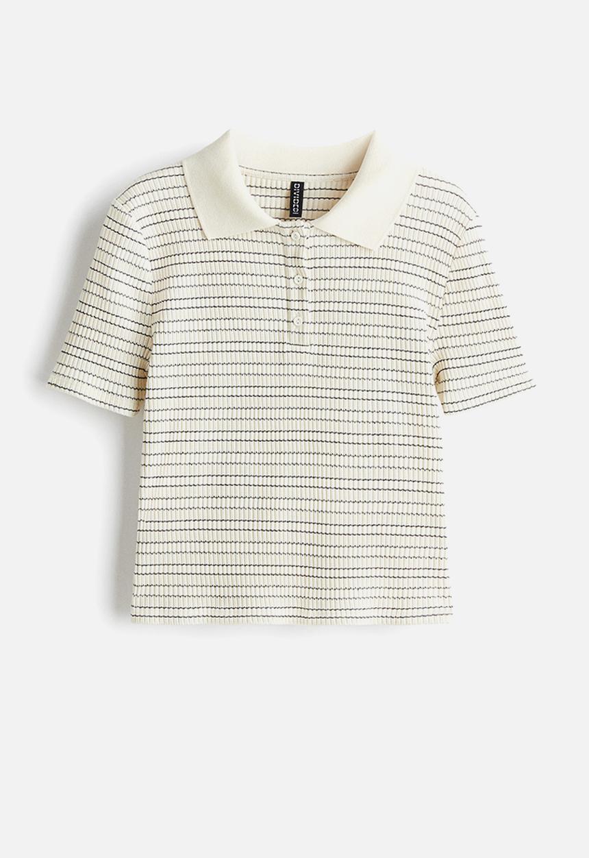H&M - Rib-knit polo shirt - cream striped 
