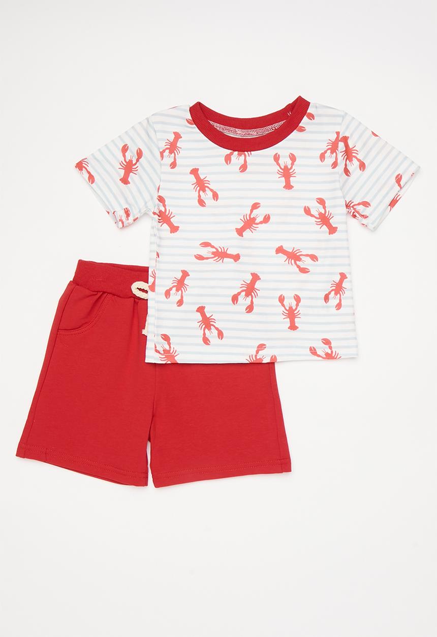 Pop Candy - Lobster all-over-print tee with plain shorts - baby blue stripe/red