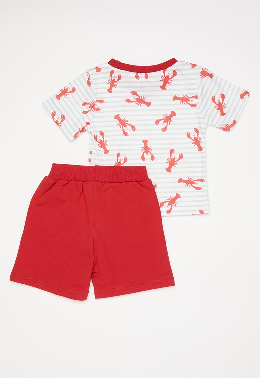 Pop Candy - Lobster all-over-print tee with plain shorts - baby blue stripe/red