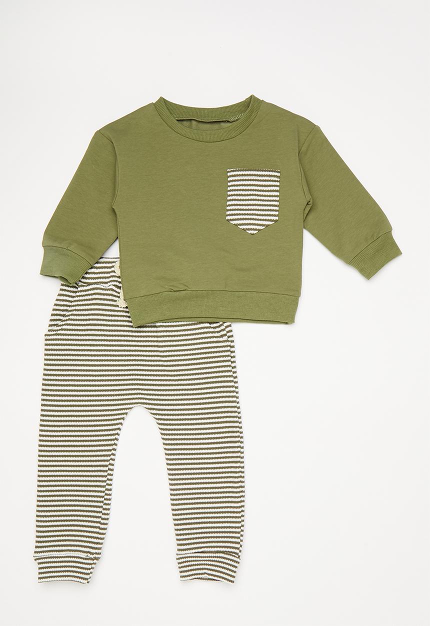 Pop Candy - Contrast pocket sweater with joggers - green/green stripe