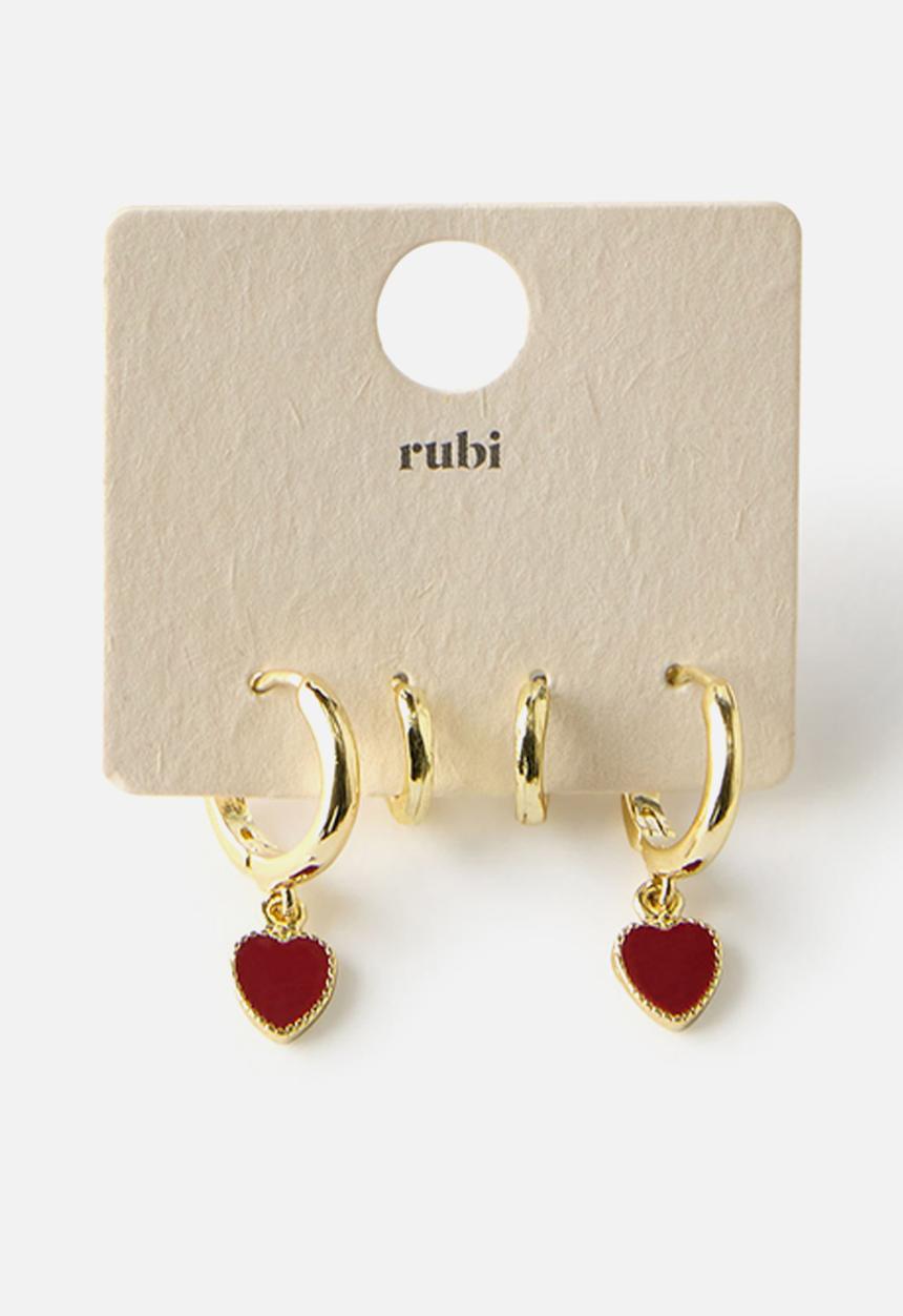 Rubi - Enamel hearts mid earring - gold red